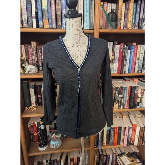 BluMarine Women’s Small Grey 100% Wool Embellished Neckline Cardigan Sweater